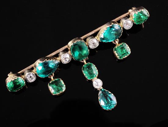 A 19th century gold, diamond and green paste drop bar brooch, 61mm.